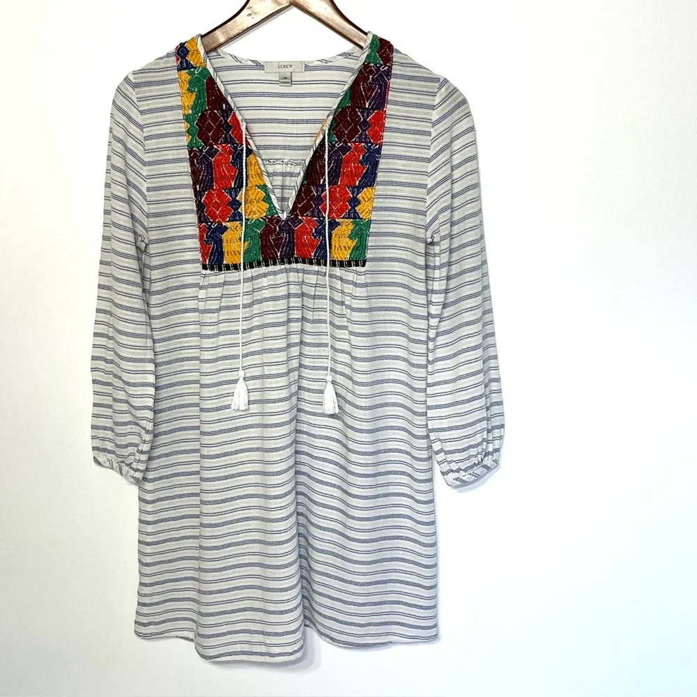 J Crew boho embroidered tunic dress mini dress striped, beach, coastal XS